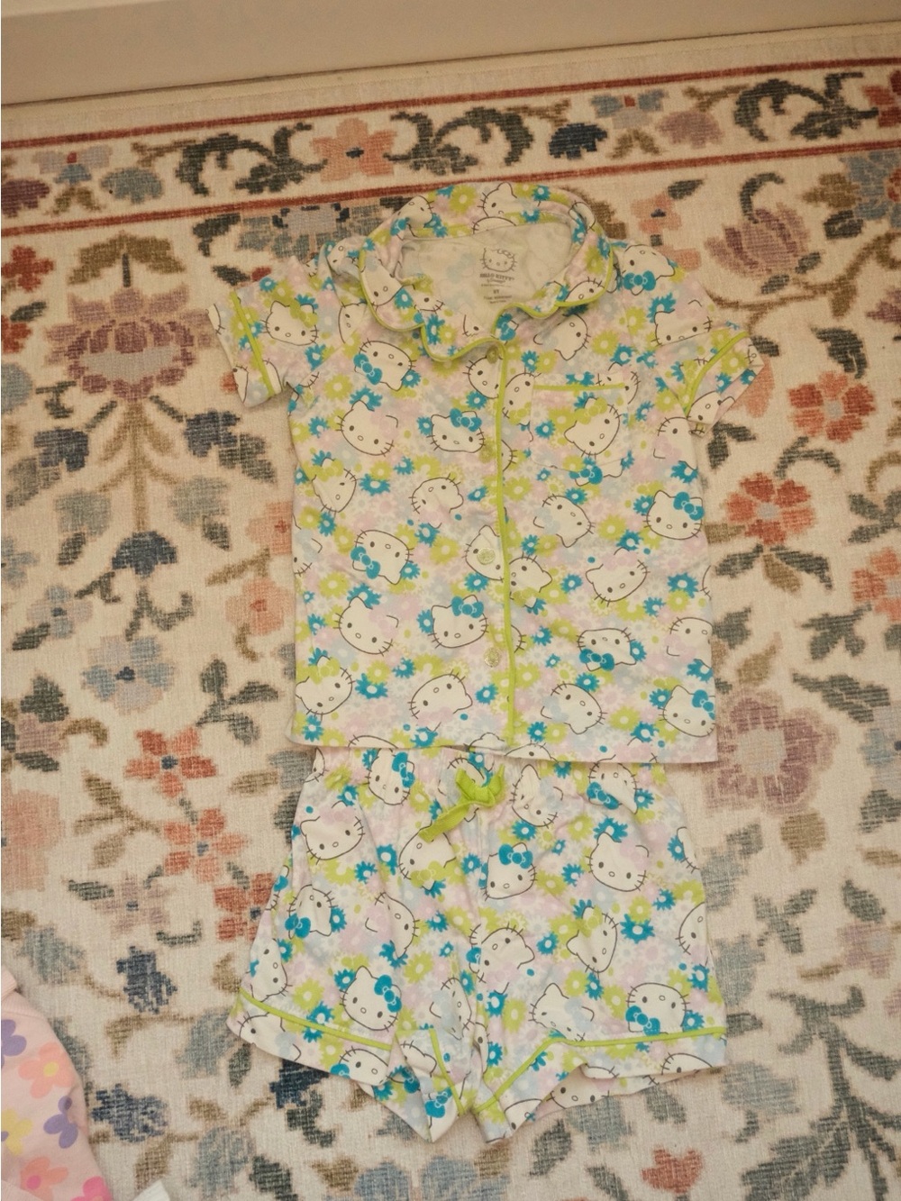Hello Kitty Short Pajama Set - White, Blue & Lime Green
